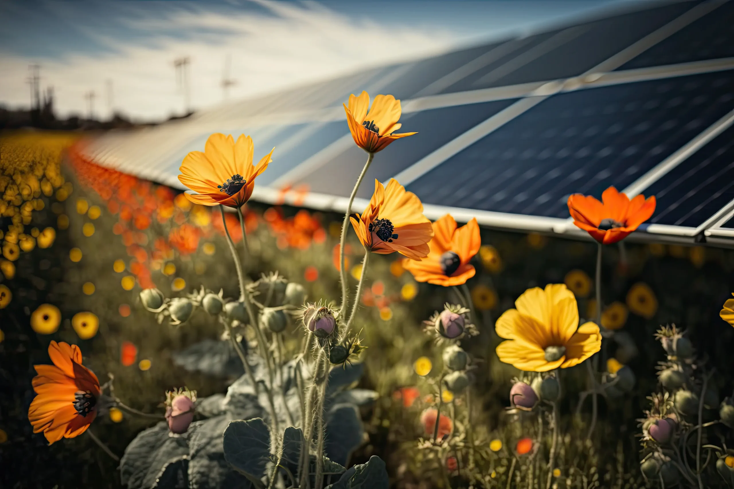 Flowers in a field of Solar Panels